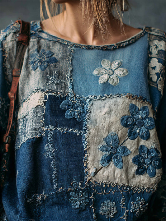 Vintage Floral Fiber Art Colorblock Patchwork Linen Tunic