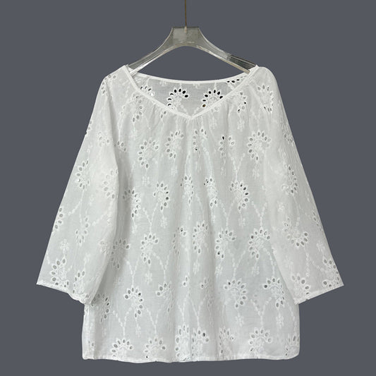 Comstylish Women's Retro Lace Cotton And Linen Mid-length Sleeves V-neck Top