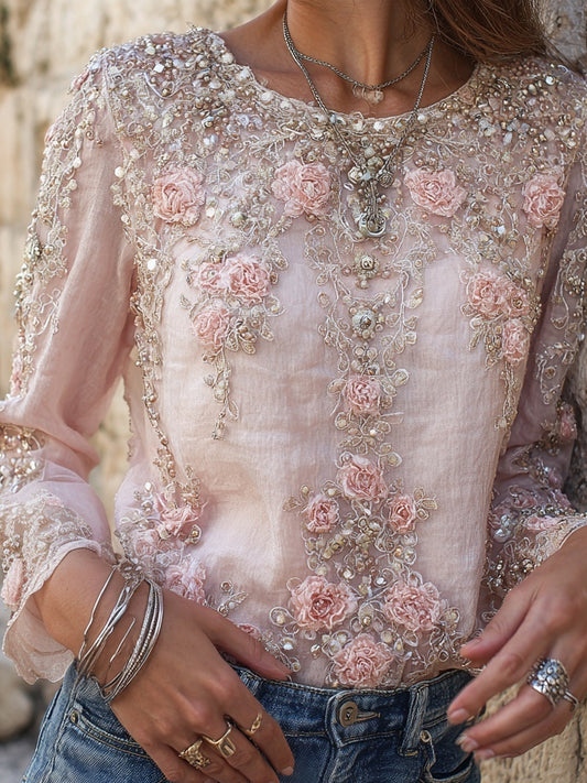 Vintage Pink Roses Embroidered Crew Neck Linen Tunic elevenforest