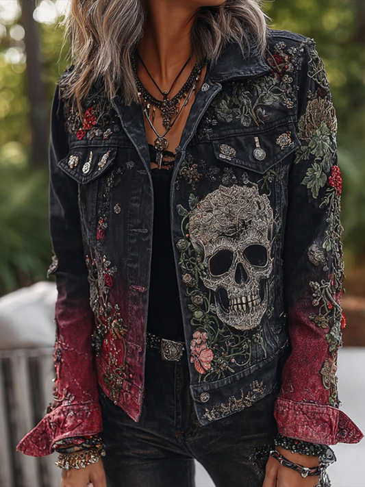 A Retro Women's Black-red Gradient Denim Jacket With Gothic Skull And Floral Elements Design For Halloween. elevenforest