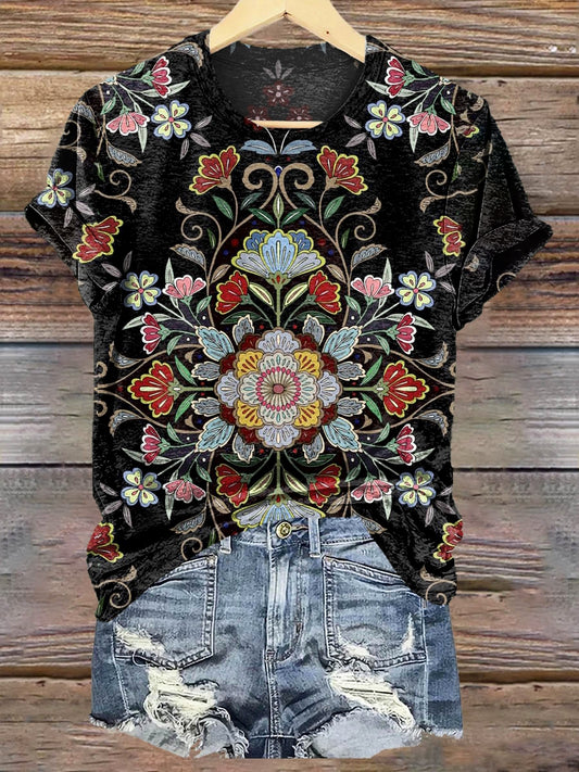 Women's Retro Ethnic Floral Totem Print Crew Neck T-shirt