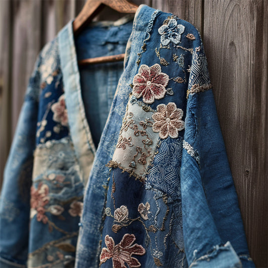 Japanese Cherry Blossom Sashiko Patchwork Linen Kimono elevenforest