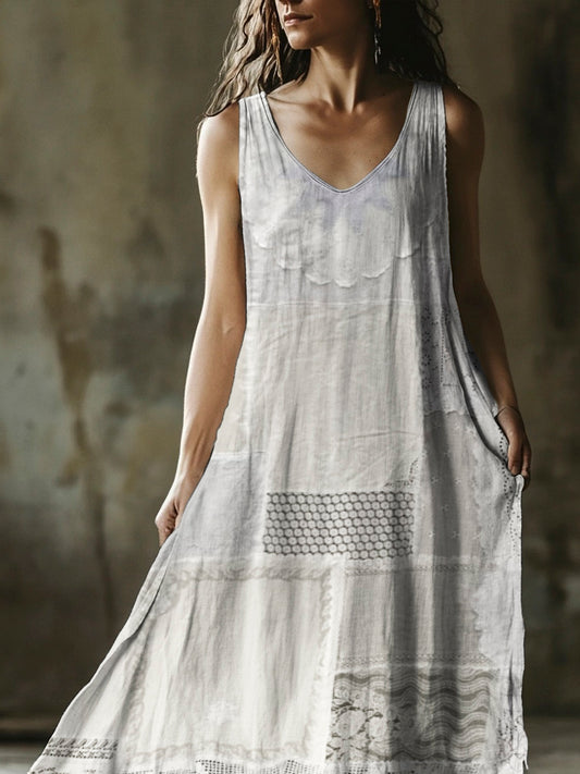 Boho Lace Patchwork Women's Linen Vest Maxi Dress elevenforest