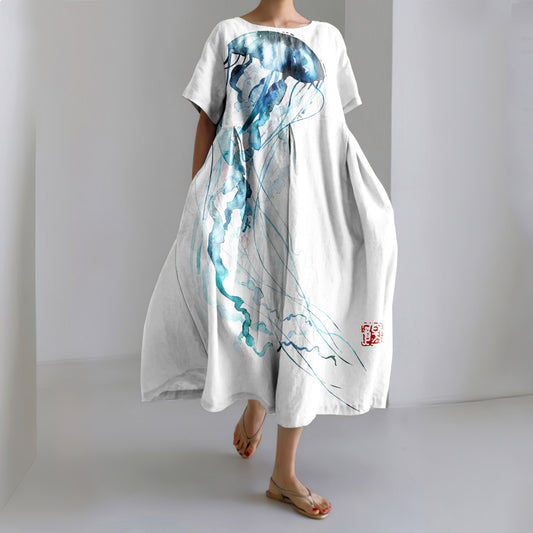 Japanese Art Jellyfish Print Short Sleeve Loose Midi Dress elevenforest