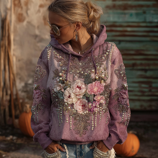 Bohemian Style Plant And Flower Embroidery Pattern Women's Hooded Sweatshirt elevenforest