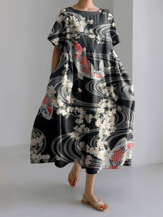 Japanese Art Flower & Fish Print Loose Midi Dress