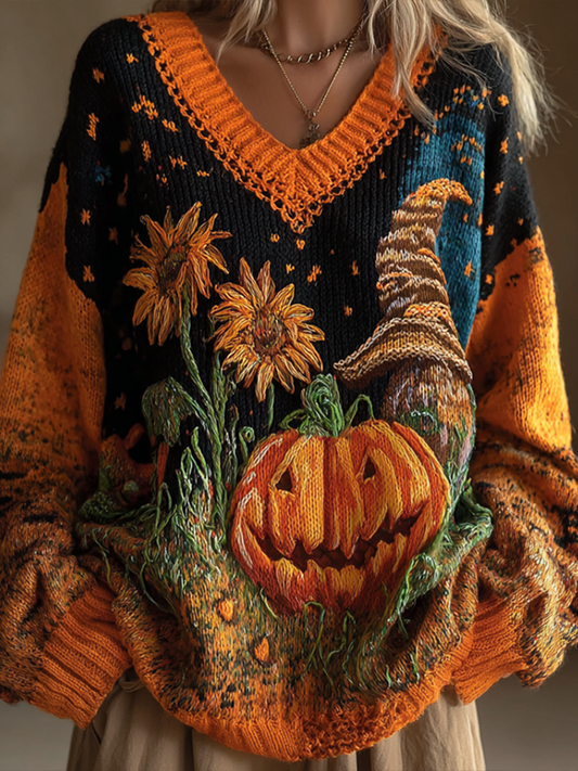 Comstylish Halloween Theme Women's V-neck Knitted Sweater