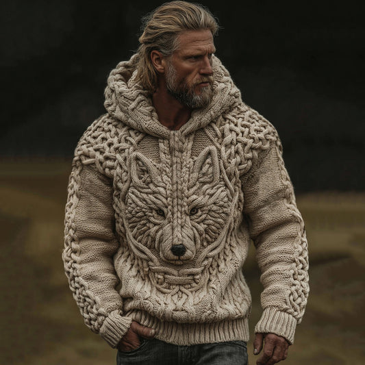 Men's Viking Tribal Wolf Jacquard Knitted Hooded Sweater elevenforest