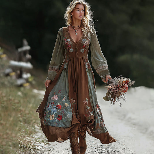 Retro Boho Linen Ethnic Art Loose Maxi Dress elevenforest