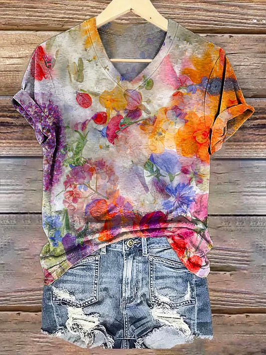 Women's Watercolor Floral Print V-Neck Comfort Cotton T-Shirt