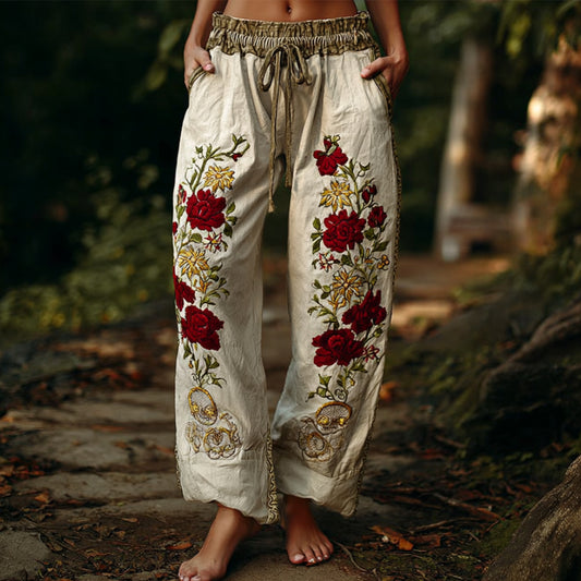 Bohemian Rose Embroidery Casual Pants elevenforest