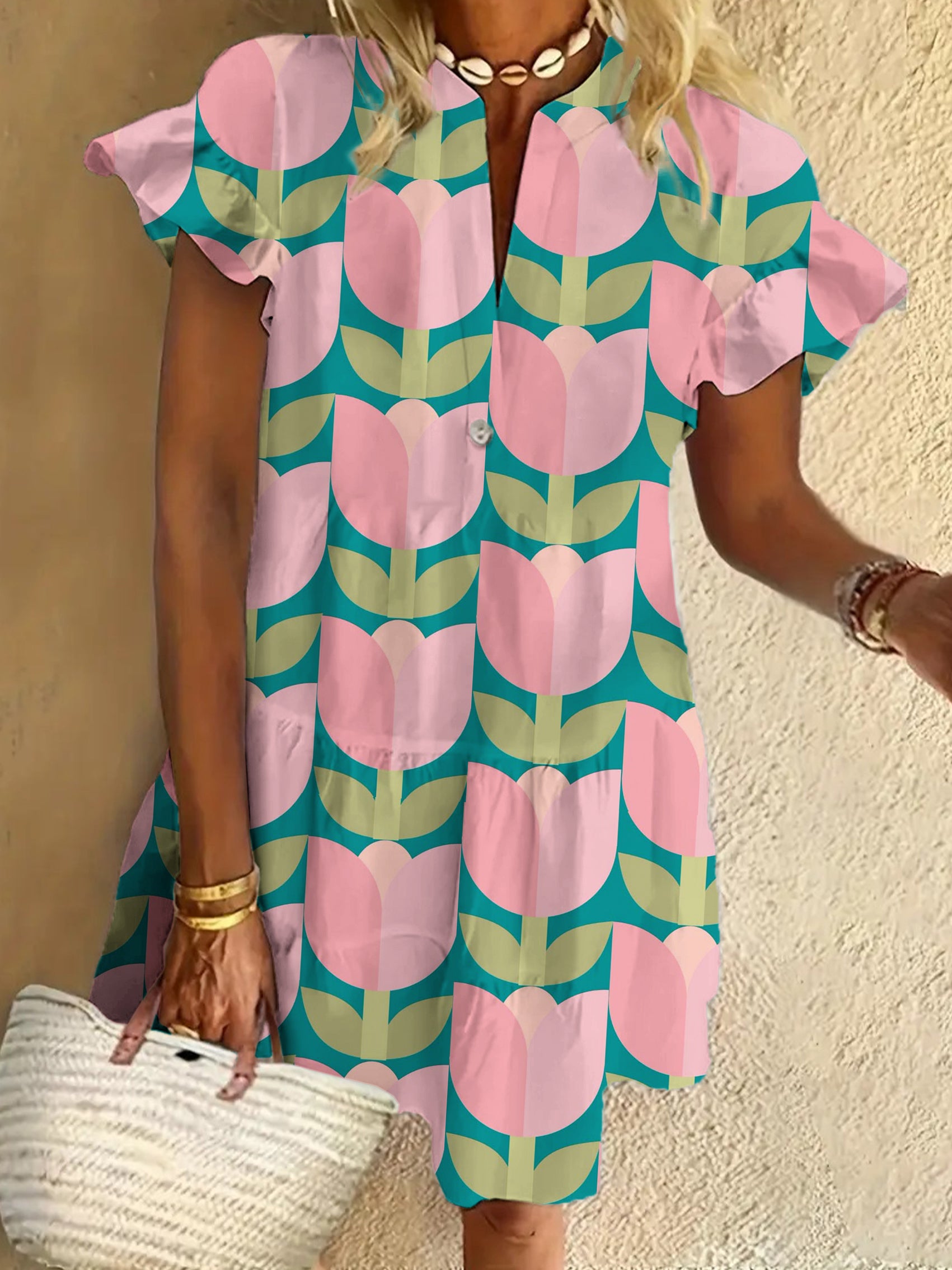 Vintage Flower Print Ruffled Short-sleeved V-neck Buttoned Dress Vacation Beach Dress