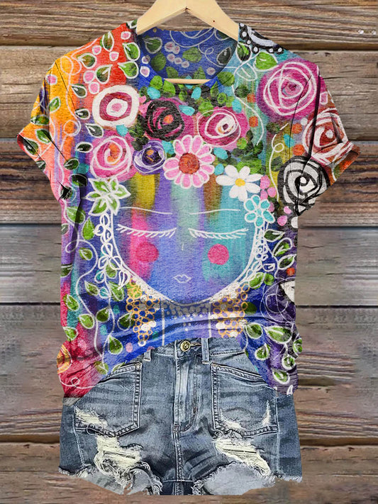 Women's Art Floral Hippie Print Crew Neck T-Shirt