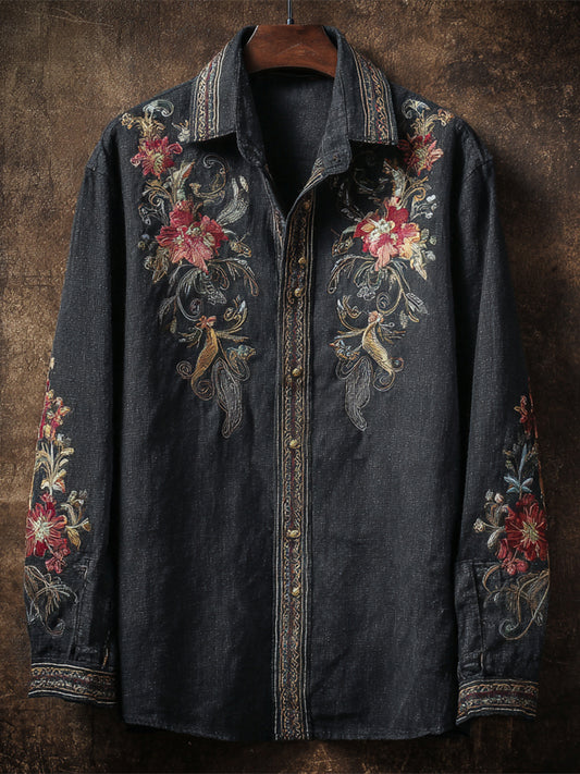 Vintage Floral Art Men's Linen Long Sleeve Shirt elevenforest