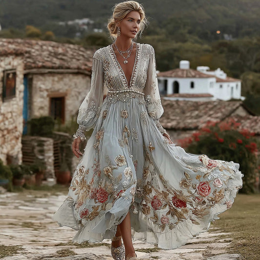 Women's Vintage Bohemian Floral Embroidered Casual Long Sleeve Dress