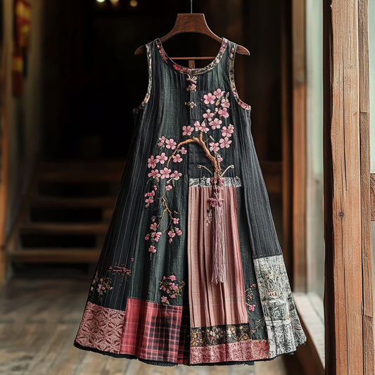 Women's Cherry Blossom Embroidery Patchwork Art Linen Tank Dress elevenforest