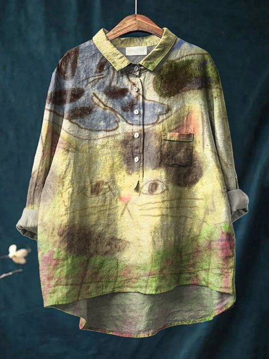 Vintage Lovely Cats Art Print Casual Cotton And Linen Shirt