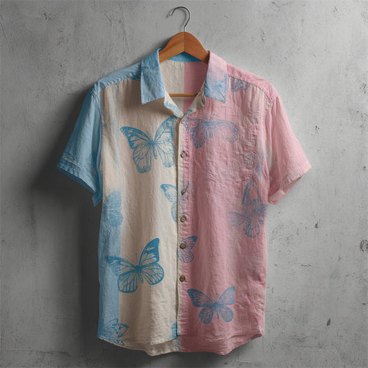 Comstylish Butterflies Pattern Trans Flag Colorblock Linen Shirt