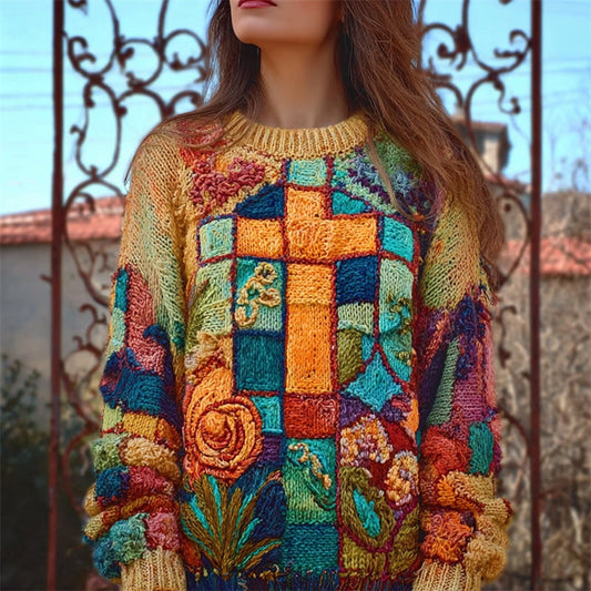 Comstylish Christian Cross Floral Colorblock Cozy Knit Sweater