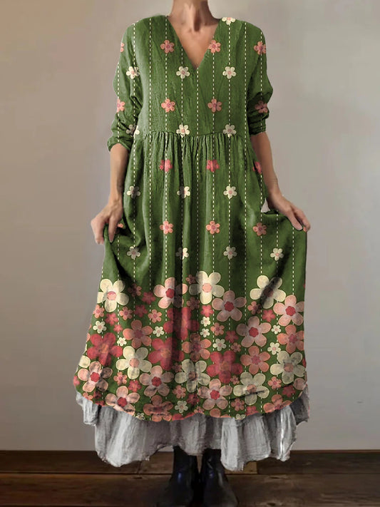 Women's Floral Art Print V-Neck Pocket Cotton Dress