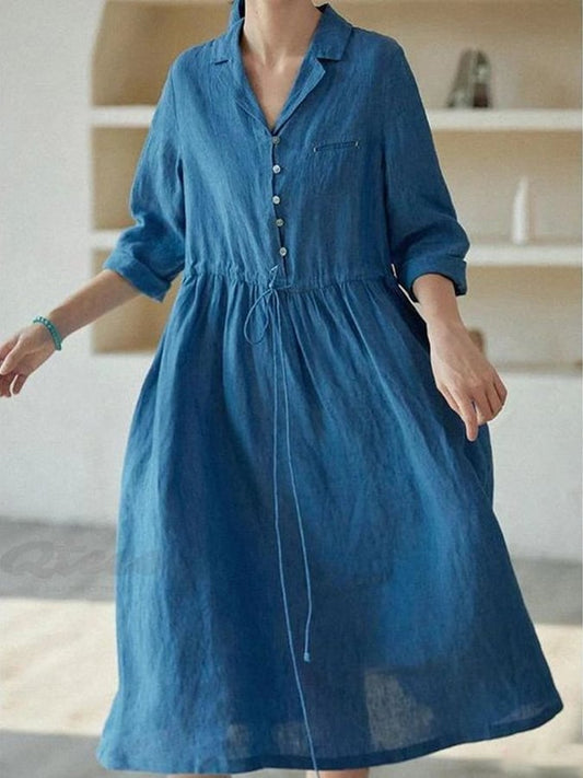 Women's Casual Elegant  3/4  Sleeve Cotton And Linen Dress