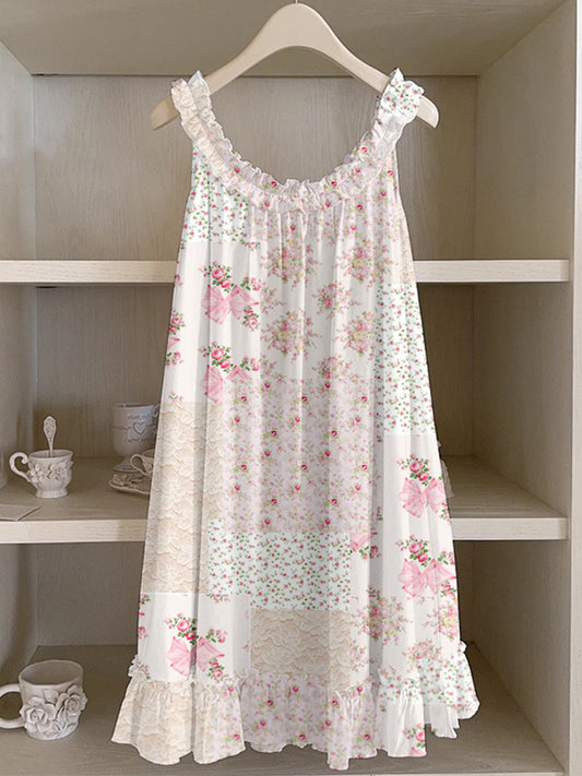 Vintage Cottagecore Floral Patchwork Ruffle Trim Linen Dress elevenforest