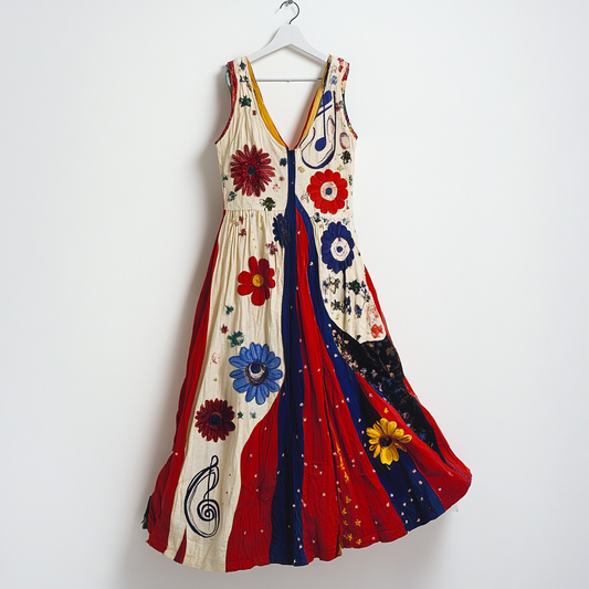 Women's Vintage Floral And Musical Notes Art Sleeveless Dress elevenforest