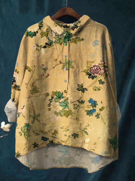 Meticulous Flower Print Cotton And Linen Shirt