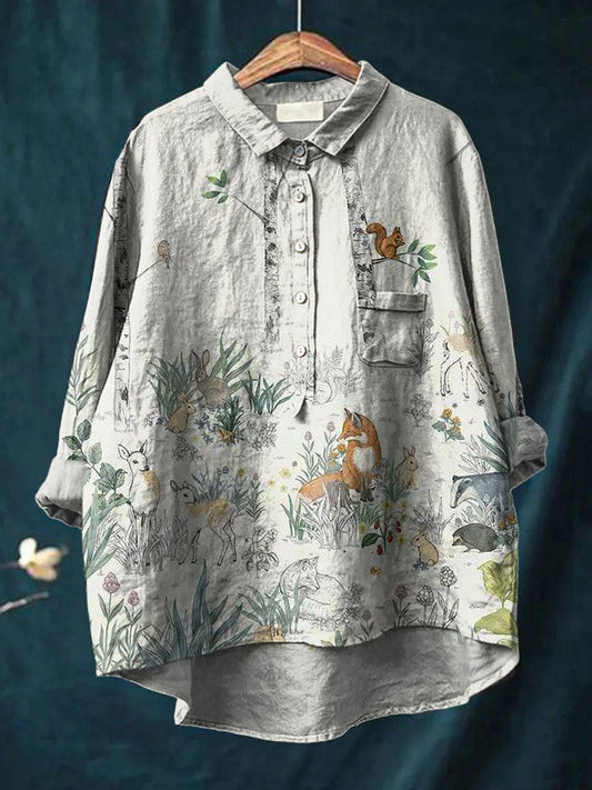 Vintage Lovely Woodland Animals Art Print Casual Cotton And Linen Shirt