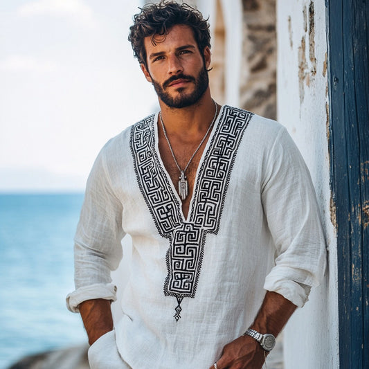 Men's Retro Greek Key Graphics Linen V-neck Shirt elevenforest