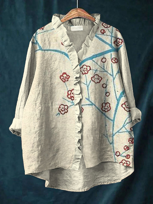 Japanese Art Cherry Blossom Print Linen Ruffle Shirt elevenforest