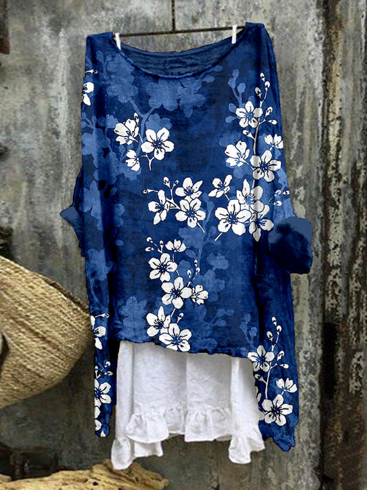 Japanese Sakura Blossom Art Linen Blend Flowy Tunic elevenforest