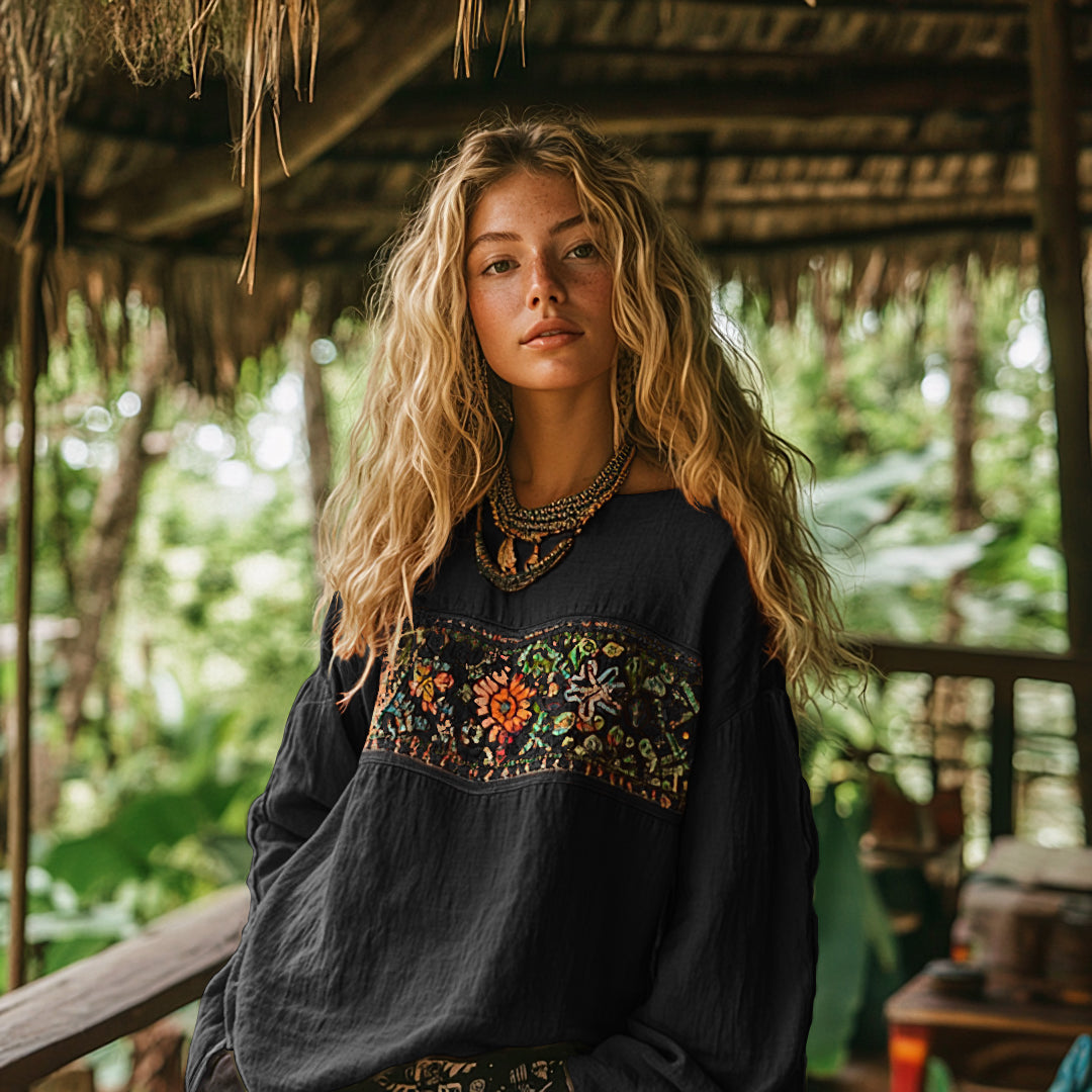 Retro Bohemian Art Embroidery Print Cotton And Linen Blend Loose Blouse artswardrobe