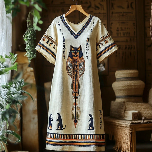 Egyptian Cat Tribal Totem Women's Linen Short Sleeve Maxi Dress elevenforest