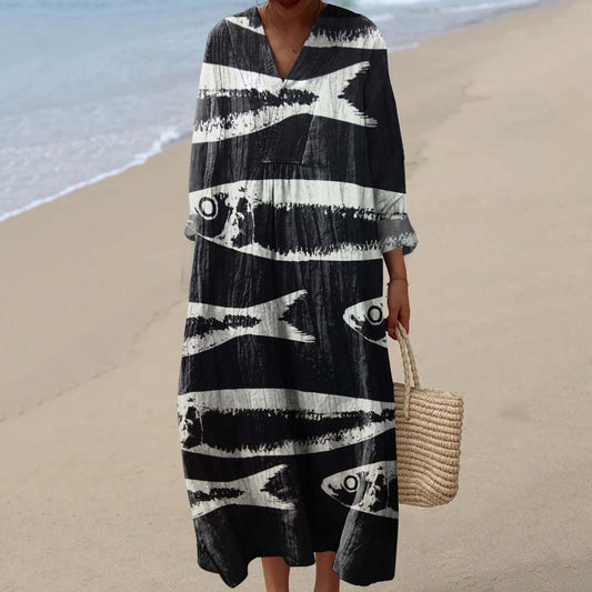 Women's Fun Fish Art Print Cotton And Linen Dress elevenforest