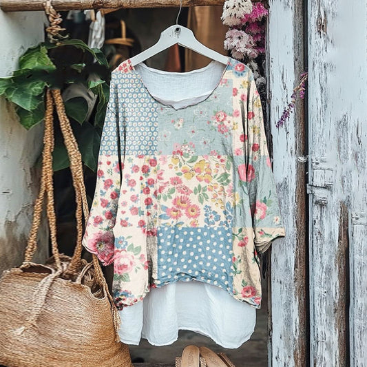 Vintage Spliced ​​floral V-neck Cotton Linen Blouse elevenforest