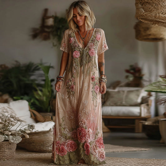 Women's Vintage Floral Embroidery Linen Blend V Neck Maxi Dress elevenforest