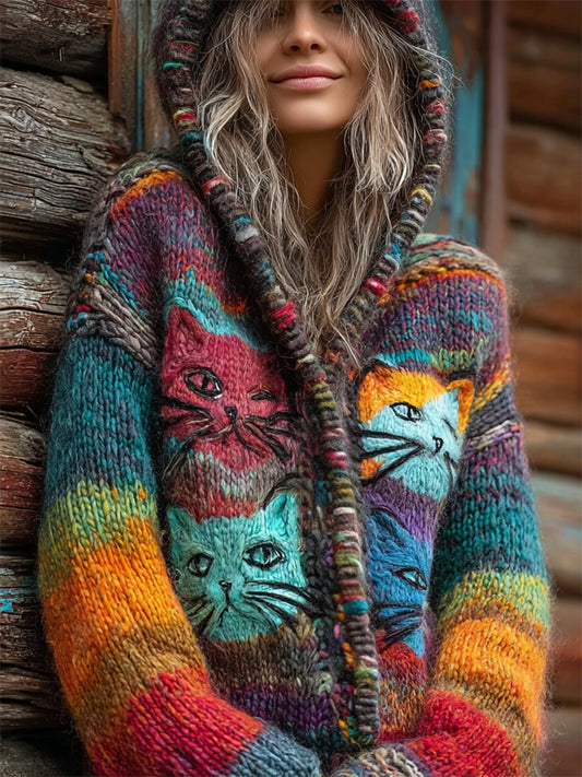 Boho Cats Colorblock Gradient Cozy Knit Cardigan elevenforest