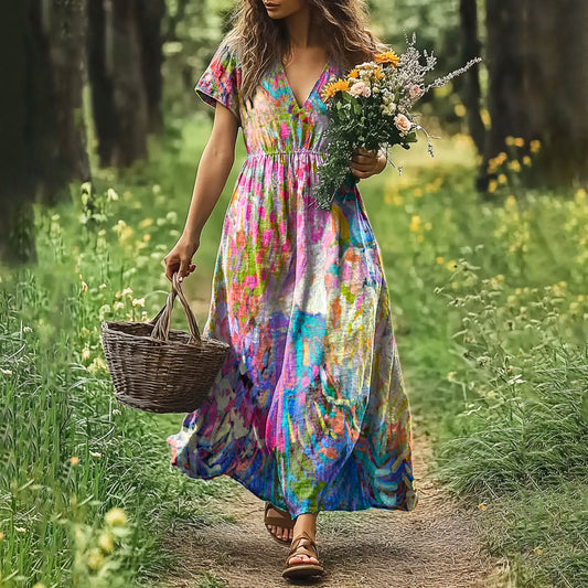 Women's Colorful Abstract Art Linen Dress elevenforest