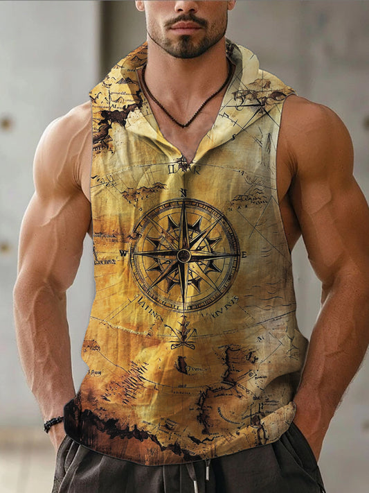 Men's Vintage Navigation Map Hooded Linen Vest elevenforest
