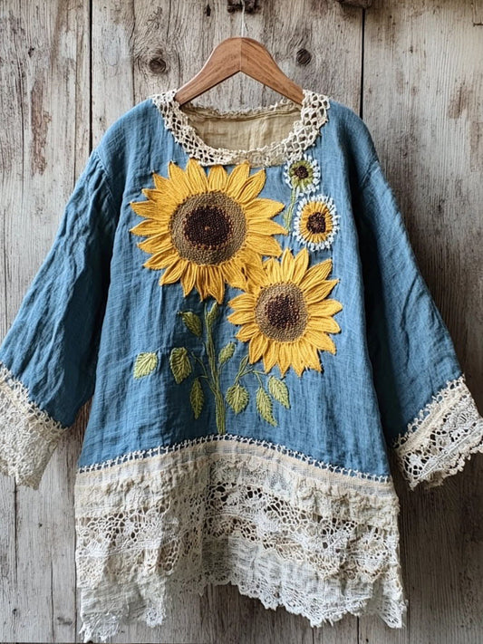 Women's Sunflower Embroidered Lace Patchwork Linen Blend Shirt elevenforest
