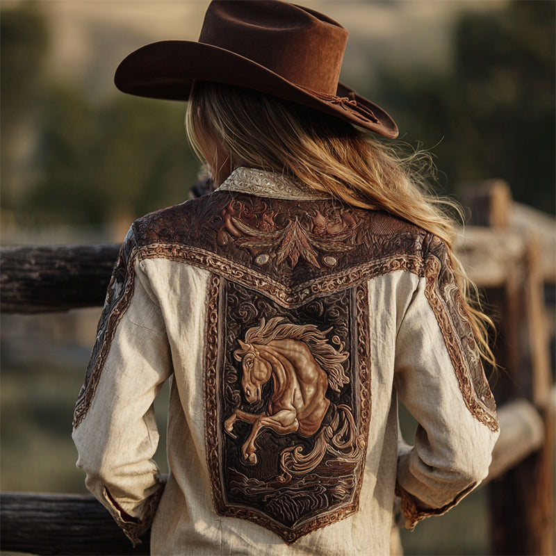 Comstylish Vintage Horse Western Embossed Art Patchwork Linen Blouse