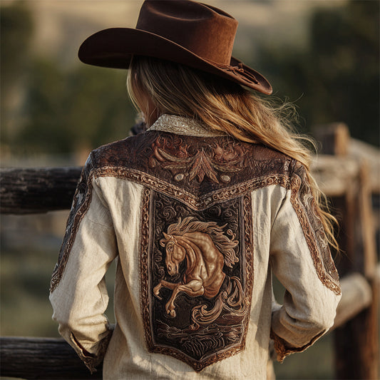 Comstylish Vintage Horse Western Embossed Art Patchwork Linen Blouse