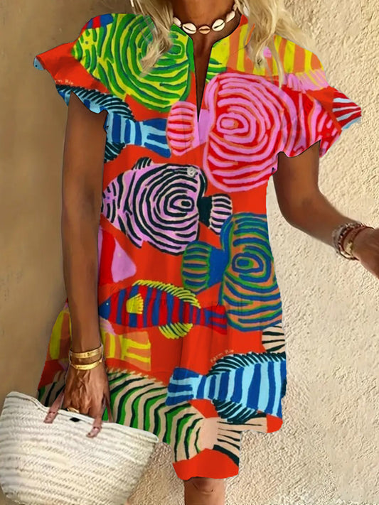 Fish Art Print Ruffled Short-sleeved V-neck Buttoned Dress Vacation Beach Dress