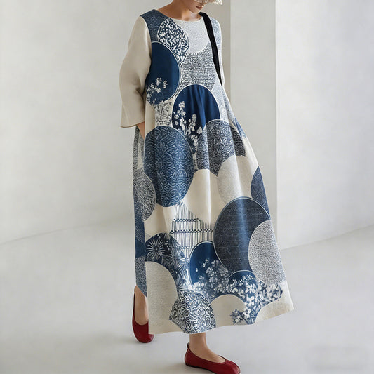 Comstylish Women's Japanese Geometric Floral Pattern Linen Dress
