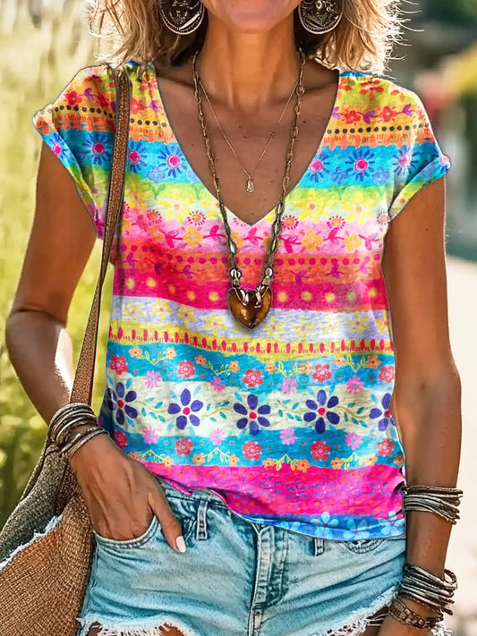 Women's Bohemian Floral Art Print 100%Cotton V-neck T-Shirt