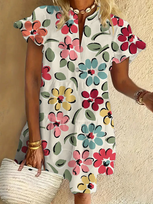 Colorful Flowers Ruffled Short-sleeved V-neck Buttoned Dress Vacation Beach Dress