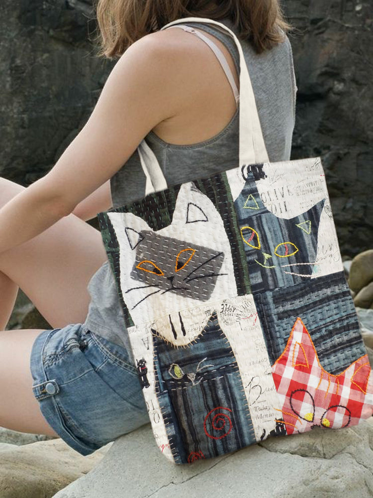 Vintage Cat Stitching Art Women's Linen Canvas Bag elevenforest