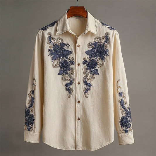 Vintage Boho Floral Embroidery Men's Linen Long Sleeve Shirt elevenforest