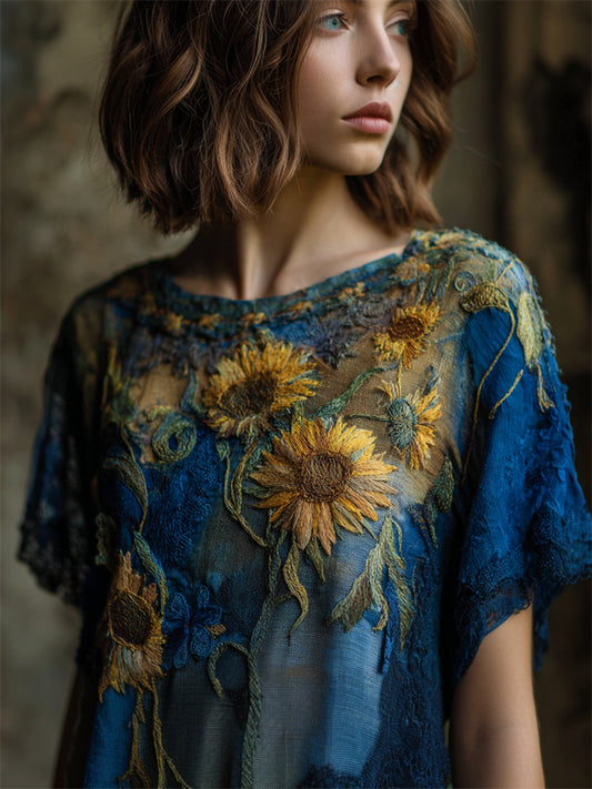 Oil Painting Boho Sunflowers Lace Embroidered Linen Tunic elevenforest
